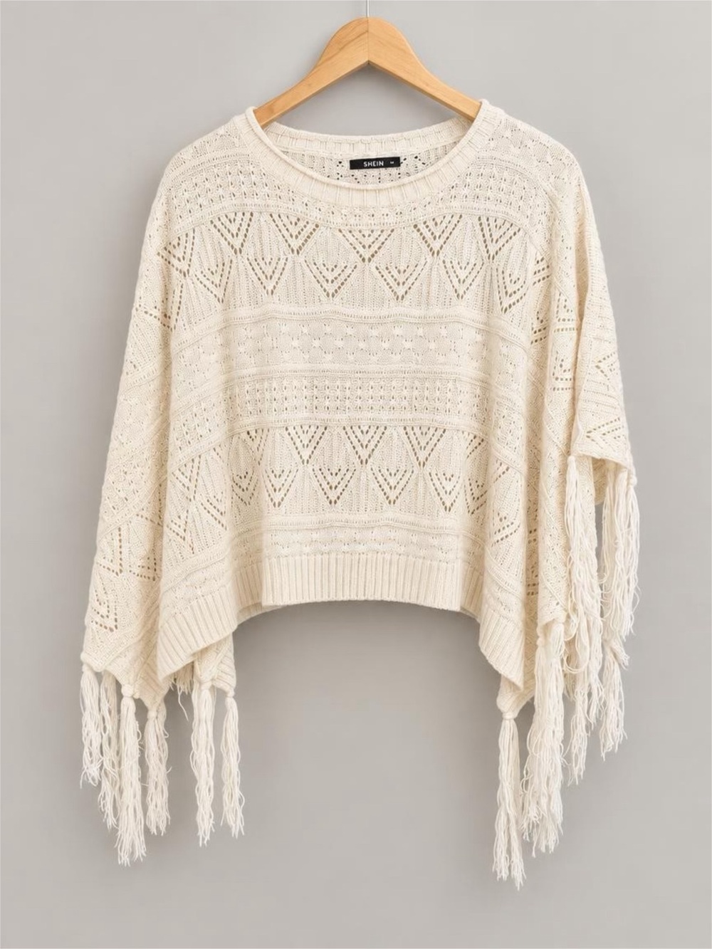 SHEIN Cream Open-Knit Fringe Sweater Poncho Top